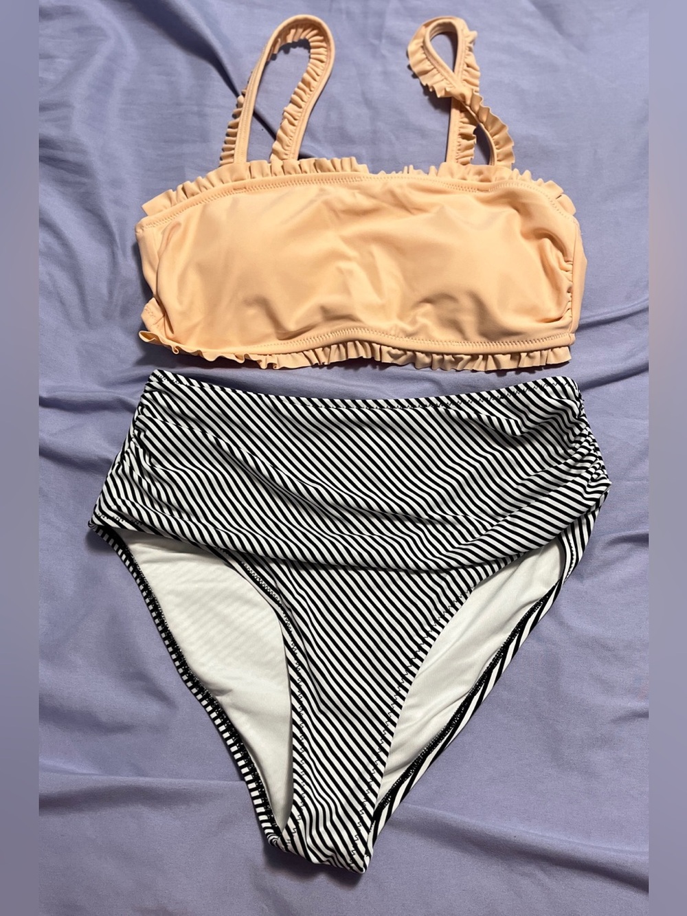 Peach Ruffle Bikini Top with Black & White Striped High-Waist Bottoms